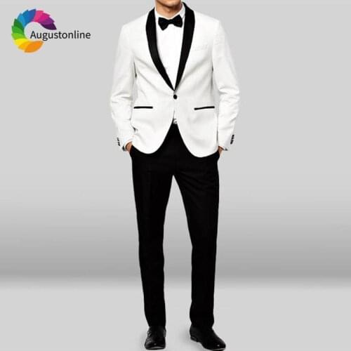 White Men Suits for Wedding Black Shawl Lapel Custom Made Groom Tuxedos 2 Piece Slim Fit Costume Homme Man Blazers Jacket Pants