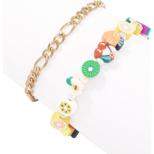 Ethnic Colorful Fruits Beaded Anklet Soft Pottery Beads Anklets 2-Pieces Set Women Charm Feet Ornament Jewelry