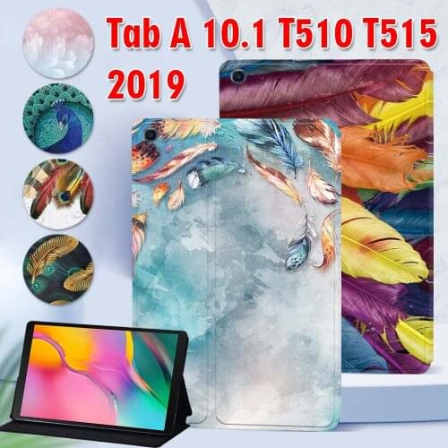 Tablet Case for Samsung Galaxy Tab A 10.1" 2019 PU Leather Feather Print Series Pattern Stand Cover for SM-T510/T515