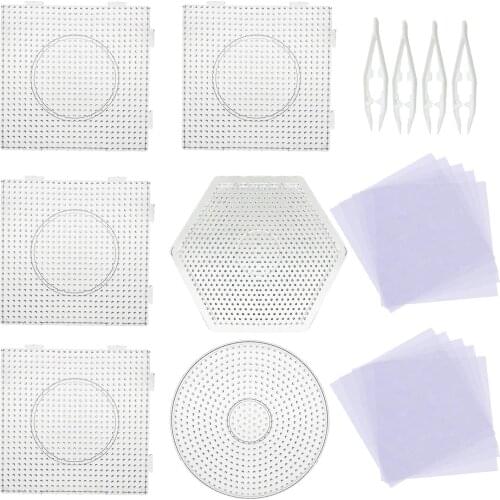 6Pcs Hama Beads 5mm Pegboards Boards Large Round Square Pegboards 4Pcs Tweezers, 20Pcs Ironing Paper For Kids Craft Supplies