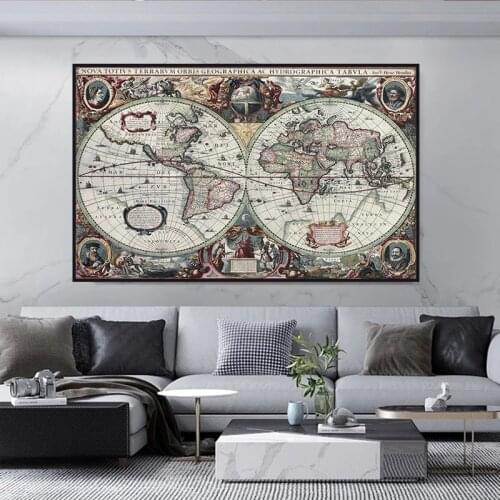 Retro World Map Nautical Ocean Map Canvas Painting Map World Posters and Prints Wall Art Picture for Living Room Home Decoration