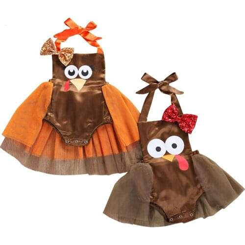 2020 Thanksgiving Newborn Baby Girls Turkey Pattern Outfits Infant Mesh Patchwork Bow Halter Sleeveless Bodysuits