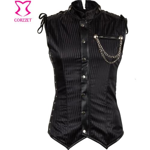 Corzzet Mens Steampunk Corset Black Striped Stand Collar Sleeveless Vest Waist Trainer Gothic Men Corset Jacket Plus Size 6XL