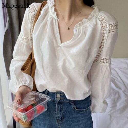 Summer 2021 V-neck Embroidery Hollow Out Blouse White Loose Long Sleeve Shirt Female Silm Sweet Solid Office Ladies Blouse 14818
