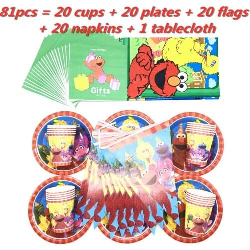 Hot Sesame Street Party Supplies Elmo Theme Party Tableware Set Paper Plates Cups Flags Napkins Birthday Decor Party Tablecloth