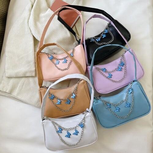 Fashion Women PU Leather Small Shoulder Bag Youths Ladies Vintage Butterfly Chain Underarm Bags Pure Color Zipper Purse Handbags