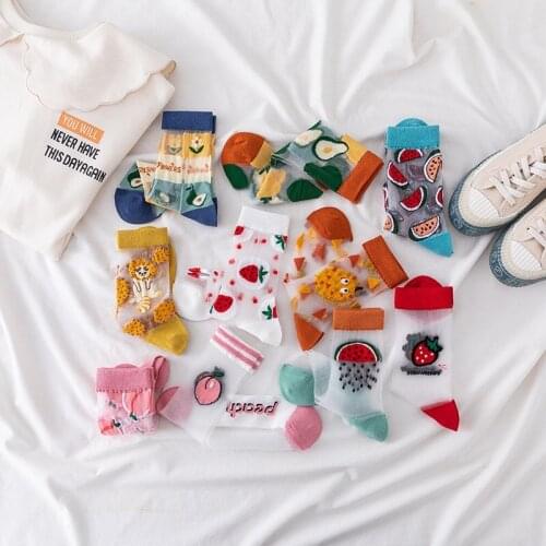 New Funny Harajuku High Quality Creative Crystal Silk Tide Socks Sunflowers Vines Flowers Cartoon Fruit Glass Silk Women SockS