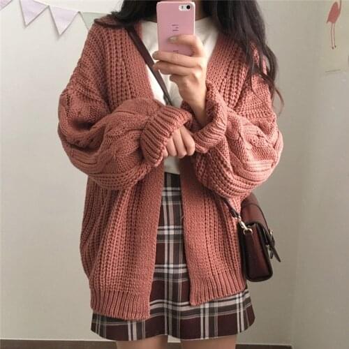 2020 Autumn and Winter New Womens Cardigan Sweater Coat Loose Korean Style of Solid Color Long Sleeve Cardigan Knit Tops