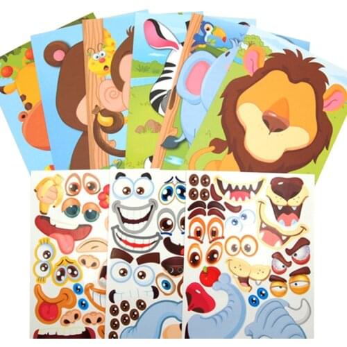 QWZ New Stickers DIY Cute Stickers Children Puzzle Games Make-a-Face Princess Animal Dinosaur Assemble Toys for Girls Training