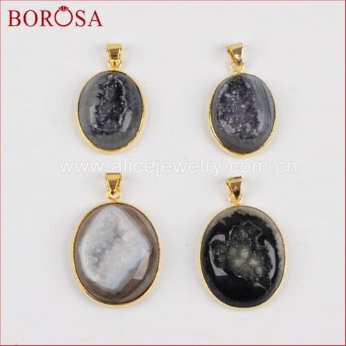 BOROSA Oval Gold Color Black Onyx Stone Druzy Pendant Bead,Druzy Stone Pendant for Necklace Making ZG0147