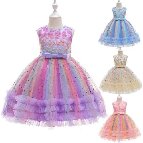 Girls Bow Dress Mesh Rainbow Bouffant Princess Dress Summer Fancy Flower Princess Dress Toddler Tutu Baby Girls Tulle Frocks