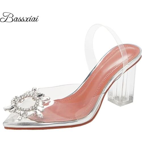 Fairy Style PVC Transparent Sandals For Girls Women Clear Crystal Square Heel Point Toe Rhinestone Sunflower Buckle Summer Shoes