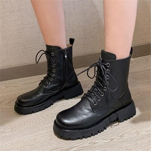 PXELENA 2021 Fall Winter Women Martin Boots Genuine Leather Chunky Med Heels Lace Up Military Motorcycle Shoes Lady Shoes Black