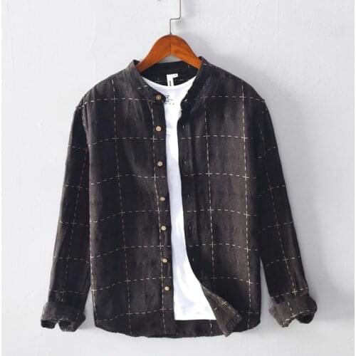Plaid Shirts Mens Stand Collar Black Designer Shirt Man Long Sleeved Cotton Linen Casual Fashion Single Breasted Clothes Y2376