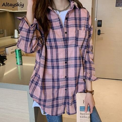 Plaid Shirts Women Autumn Pockets Single Breasted Tender Simple Harajuku Female Mature Unisex Boyfriends Long Sleeve Outerwear