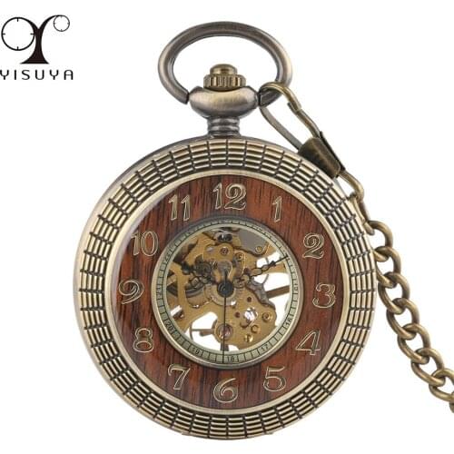 Manual Mechanical Pocket Watch Red Wood Decorate Cover Roman Numerals Dial Transparent Skeleton Pendant Hand Winding Timepiece