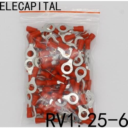 RV1.25-6 Red 22-16 AWG 0.5-1.5mm2 Insulated Ring Terminal Connector Cable Wire Connector 100PCS/Pack RV1-6 RV