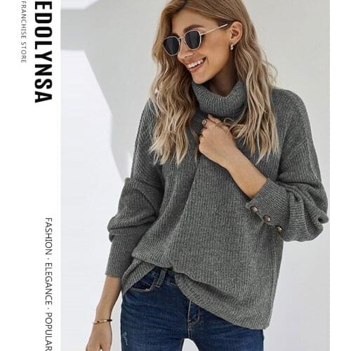 Gray Solid High Neck Drop Shoulder Winter Sweater Women Tops 2020 Autumn crop turtleneck Long Sleeve Basic Casual Sweaters Y12