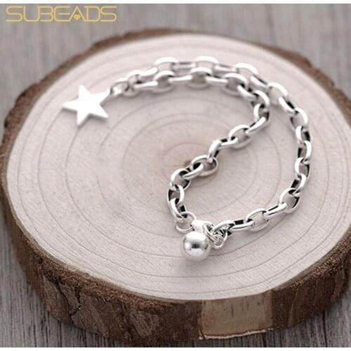 Subeads 925 Sterling Silver Star Bell Charms Bracelet For Women Simple Thick Link Chain Adjustable Bracelet Fine Jewelry Gifts