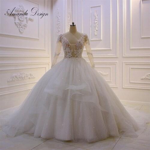 Amanda Design bruidsjurken Full Sleeve Lace Applique See Through Illusion Wedding Dress