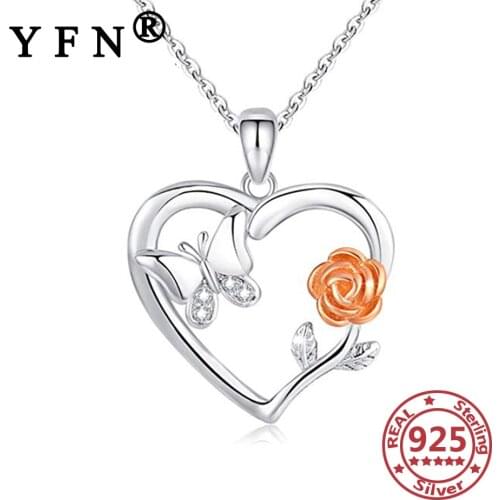 YFN 925 Sterling Silver Rose&Butterfly Pendant Necklace Silver 925 Jewelry Chains Women Valentines Day Gifts Mothers Day Gifts
