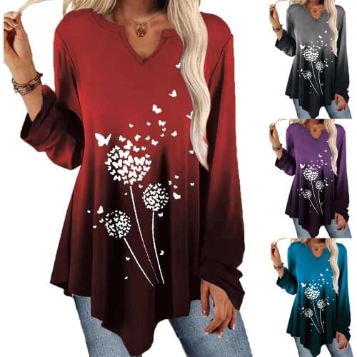 2021 New Autumn Women Tie Dye Gradient Butterfly Print Blouse irregular Shirts Fashion Casual Drape V-Neck Loose Pullover Tops