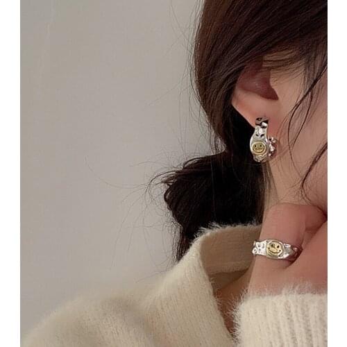 Smiling Face Finger Rings for Women Girl Punk Hip Hop Opening Adjustable Ring Irregular Smile Earrings Statement Jewelry Gift