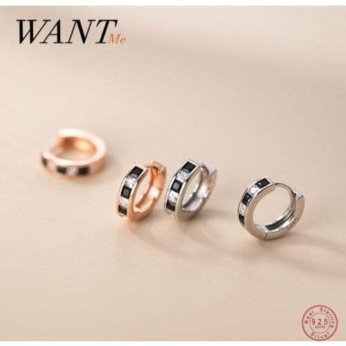 WANTME 925 Sterling Punk Geometric Black White Zircon Hugging Stud Earrings for Women Party Rock Goth Ear Buckle Couple Jewelry