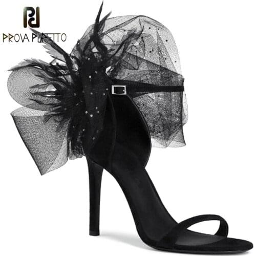 Lace Mesh Rhinestone Big Flower Banquet High Heels Women Stiletto Leather Black Bow All-match One-way Buckle Sandals Women