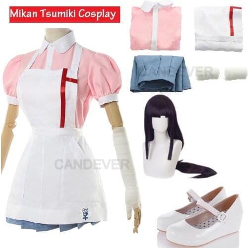 Mikan Tsumiki Cosplay Anime Danganronpa Dangan Ronpa 2 Cosplay Costume Women Outfit Sets Halloween Party Dress Wig shoes