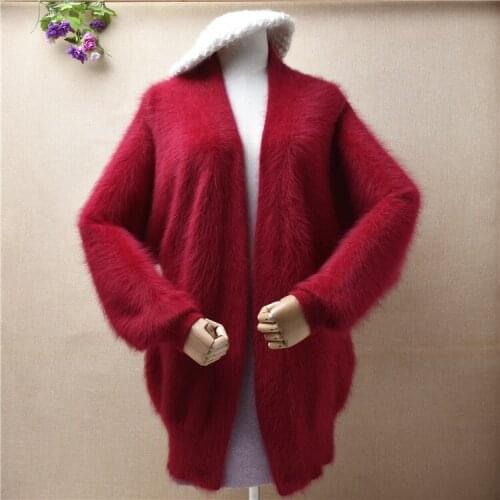 Female women autumn winter red mink cashmere knitted long batwing sleeves loose oversized cardigan mantle jacket coat sweater