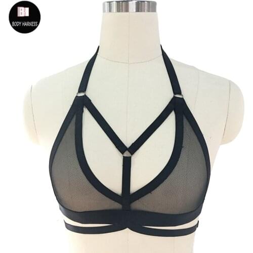 Women Sexy Harness Cage Bra Top Perspective Sheer See Strappy Mesh Harajuku Lingerie Body Bondage Rave Punk Wear Gothic Belt