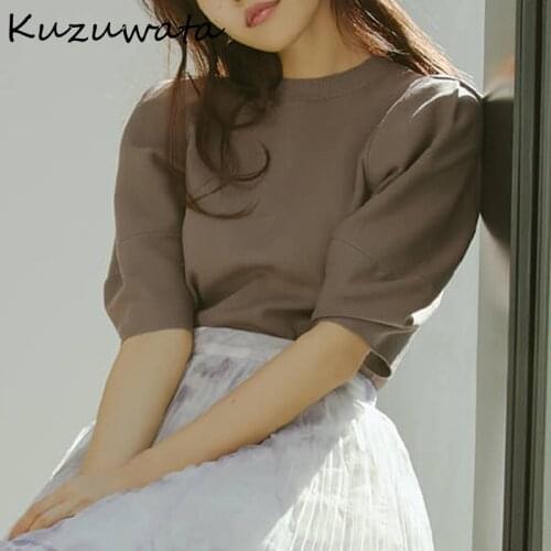 Summer Spring 2021 New Woman Sweaters O Neck Solid Puff Half Sleeve Short Knitted Cardigan Japanese Sweet Pull Femme