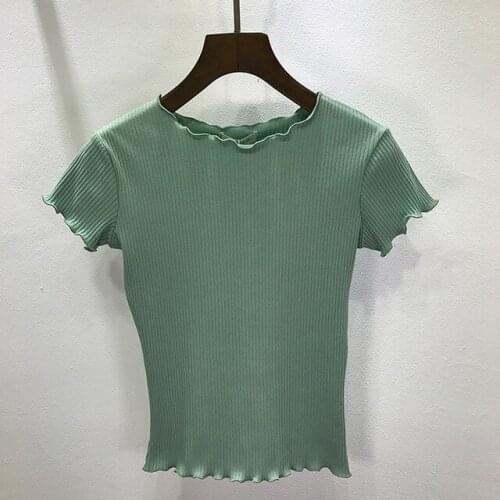 New Women Tees Ruffled Trimmings Ribbed Crop Tops Soft And Stretchy Short Sleeve T-shirts Basic Cropped Top