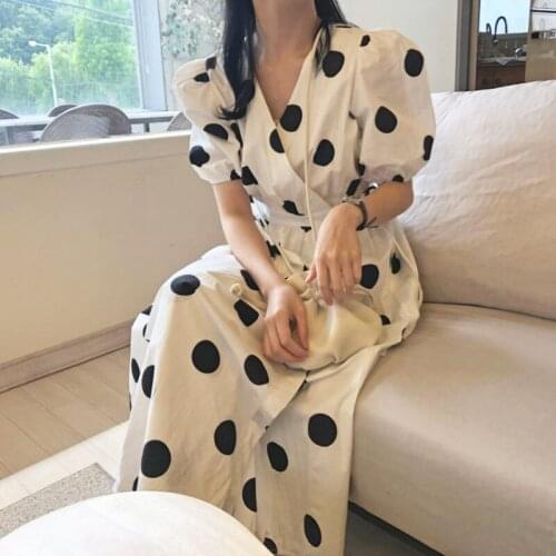 Korean Chic French Bellflower Puff Sleeve Lace-Up Waist Western Style Puff Sleeve V-Neck Long Polka Dot Dress Female