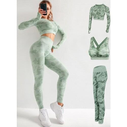 Sportswear Suit Women Seamless Camouflage Sports Wear Gym Camo Fitness Clothing Bodycon Leggings Bra Gym Workout Sport Suit 3PCS