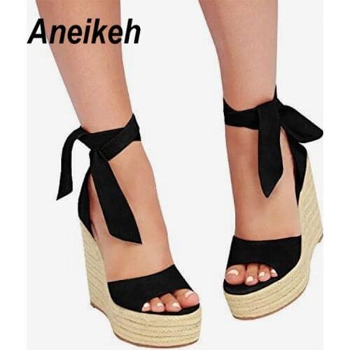 Aneikeh NEW Fashion Flock Womens Sandals Cross-Strap Lace-Up Wedges High Heels Black Party Daily Pumps Sandals Shoes Size 35-40