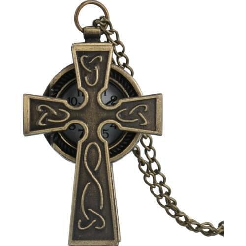 Retro Antique Bronze Cross Shaped Design Pray Quartz Pocket Watch Fob Watches Men Women Necklace Chain Religious Pendant Gifts