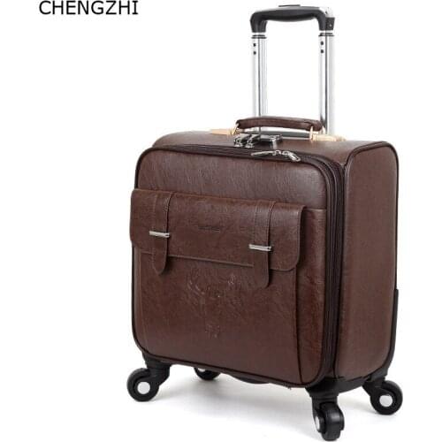 CHENGZHI 18inch Retro Rolling Luggage Spinner Women Password Trolley Suitcase Wheels PU Leather Men Cabin Travel Bag