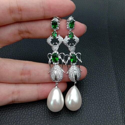 Teardrop White Sea Shell Pearl Green Cz Pave Insect Stud Earrings party jewelry accessories cute pearl statement for women