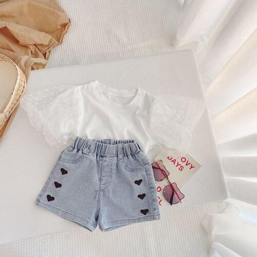 Baby Girls Sets 1-6T Children Short Sleeve Lace Top Denim Shorts Suit Girls Clothes