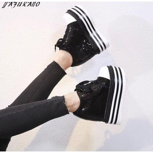 2020 New Internal Increased Shiny Sequins Sneakers Muffin Thick Bottom Wedges Casual Shoes Fashion Vulcanized Shoes High Heels