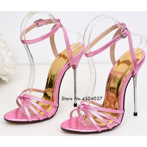 Summer High Heel Sandals 13cm Pink Sexy Buckle Strap Thin Heel Sandals Metal Heel Pumps Shoes Woman 35-41