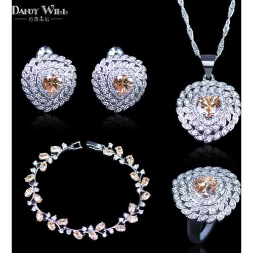 New Fashion Women Love Gift Champagne Cubic Zirconia Pendant Necklace And Earrings Silver Color Bracelets Jewelry Set