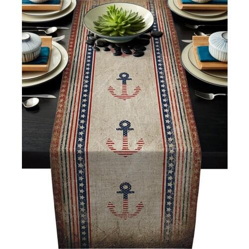 Anchor Red White Blue Stars Retro Brown Table Runner Modern Linen Cotton Table Flag Home Wedding Party Dinning Table Decor