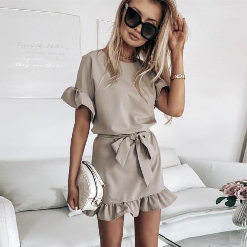 Womens Casual Dresses Short-sleeved Ruffled Dress with Belt Bow Decoration Short Sleeves Mini Dresses Solid Color