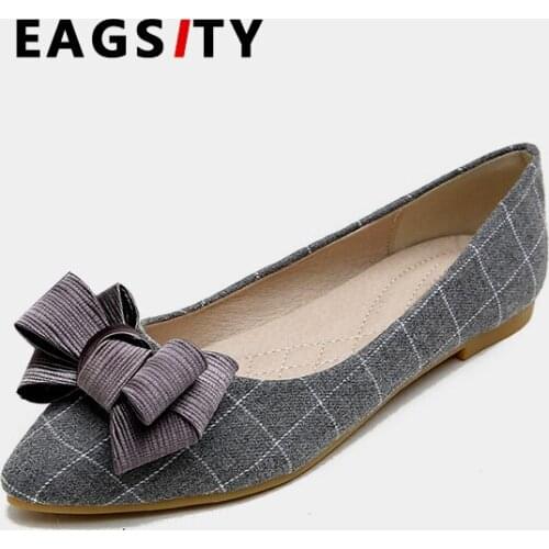 EAGSITY Japanese style canvas plaid women flat shoes comfortable pointed toe slip on ladies ballet shoes bowtie knot