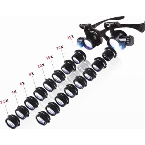 Multi-Power Double LED Lights Magnifier Eye Glasses Watch Repair Loupe Jeweler Magnifying Glass 2.5X 4X 6X 8X 10X 15X 20X 25X