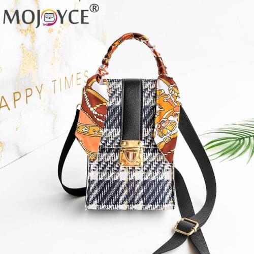 Vintage Silk Scarf Messenger Bag Fashion Women Plaid Printing PU Leather Handbags Temperament Ladies Shopping Handbag