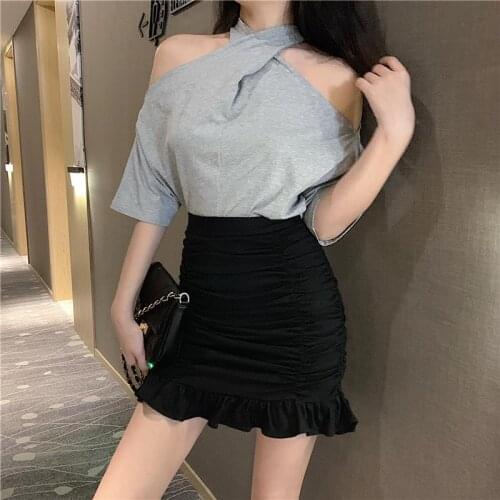 Woman TShirts Summer Small Cross Shoulder T-shirt Pleated High Waist Fishtail Skirt Crop Top Mujer Camisetas